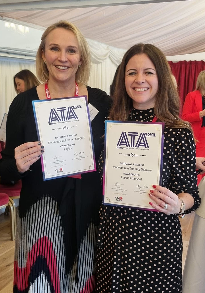 Jenny Pelling and Stacey Fitzsimmons Kaplan’s Jenny Pelling and Stacey Fitzsimmons holding ATA finalist certificates for Excellence In Learner Support and Innovation In Training Delivery